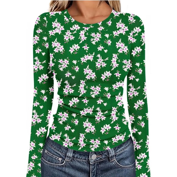 Nuoqisi Long Sleeve Thermal Shirt for Women Light Tops Spring Summer 2025 Crew Neck Casual Non Positioning Printing Slim Tight Fitting Basic T-Shirts