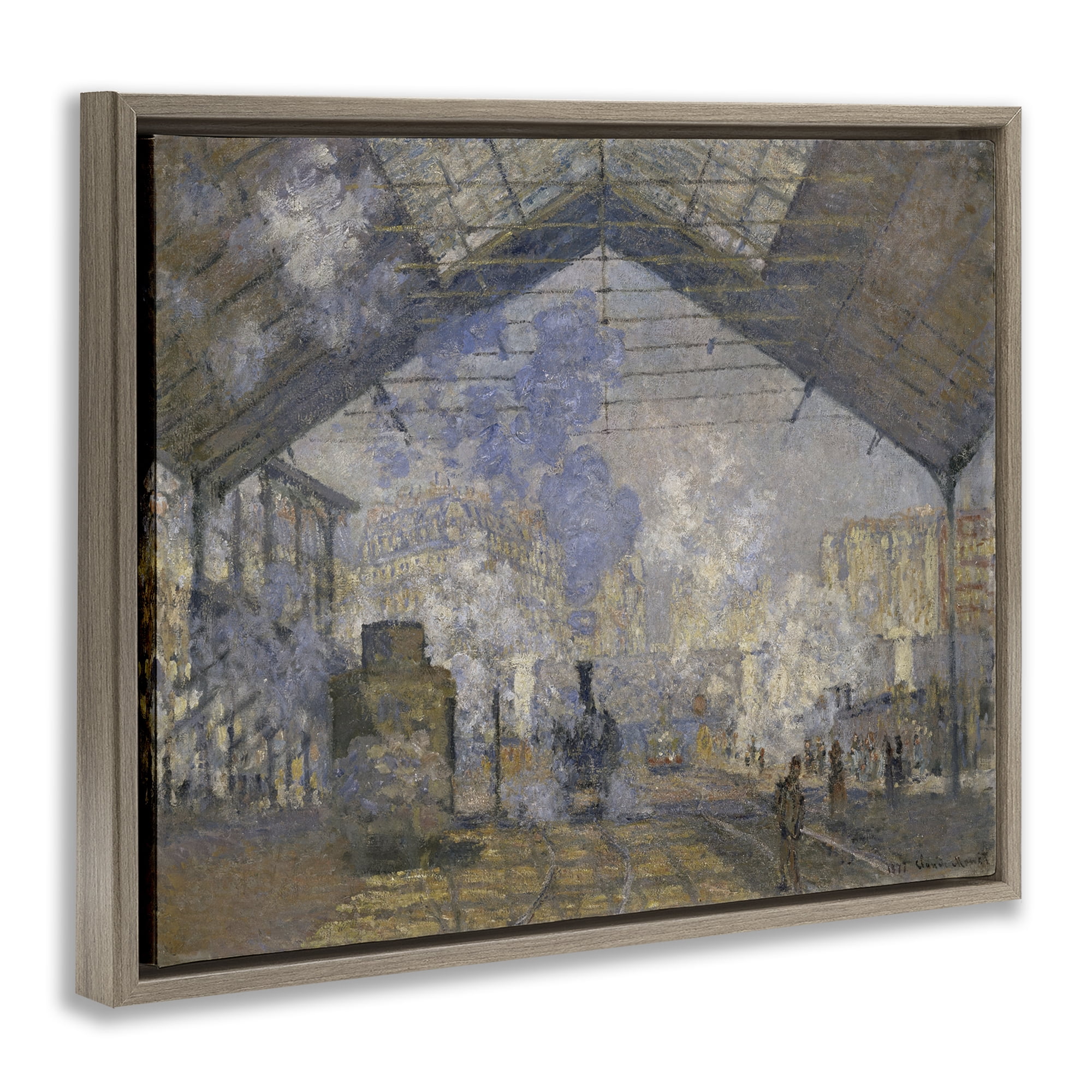 Stupell Industries Classic Monet Saint-Lazare Station Buildings & Architecture Painting Brown Floater Framed Canvas Art Print Wall Art, 31 x 25