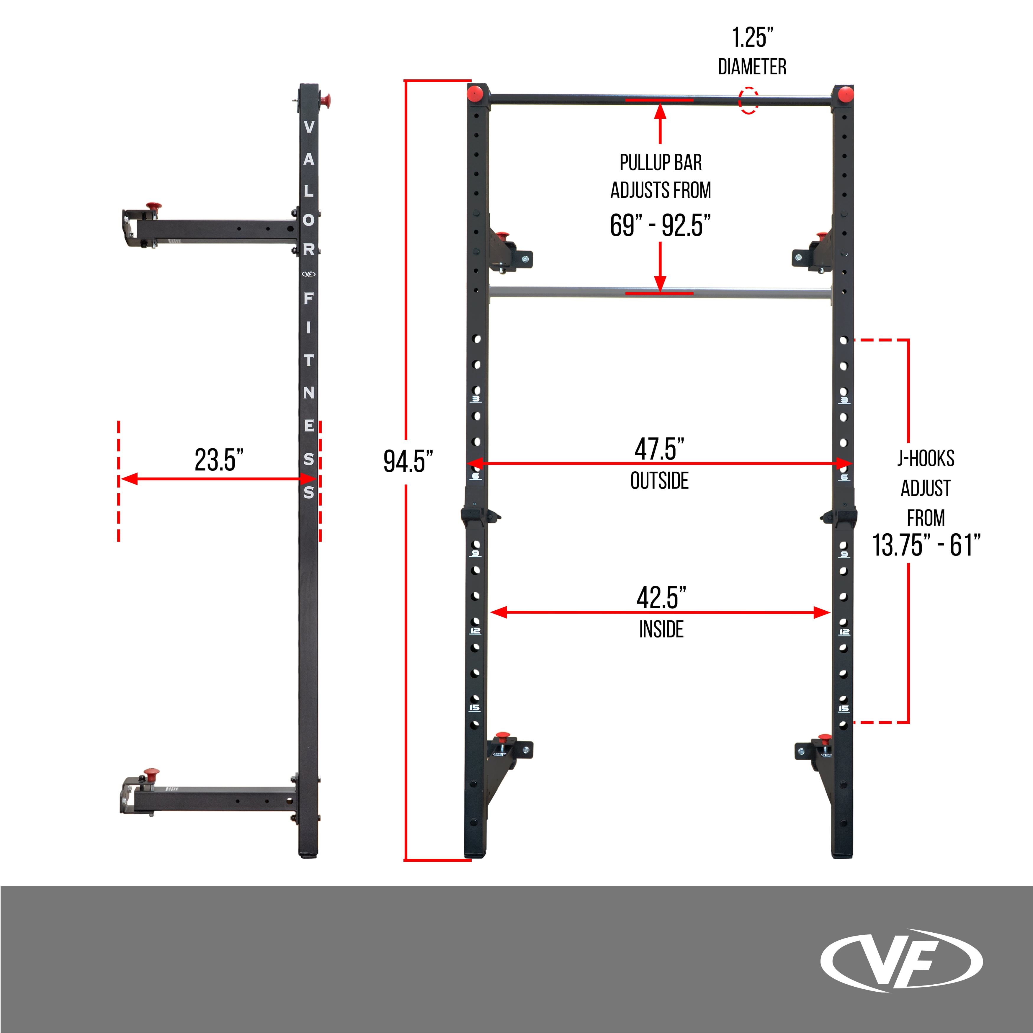 Valor Fitness Folding Squat Rack -Wall Mount Single, Bar, Workout, Pull up