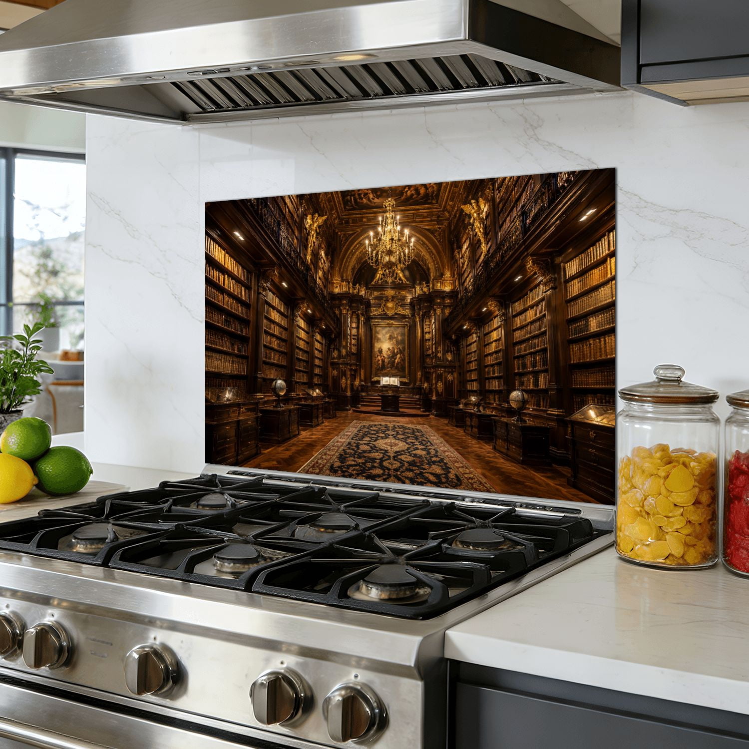Kitchen Backsplash Peel and Stick Wall Murals Majestic Medieval Chandelier Gold Illumination Removable Mural 35.4"W x 23.6"H, Oil Proof Vinyl Wallpaper for Fireplace & Behind Stove