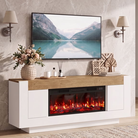BOSSIN 70" TV Stand with 36" Fireplace, Modern Farmhouse Entertainment Center for 80" TV, Media Console Table with Side Cabinets & Hidden Storage, Living Room, Bedroom, White