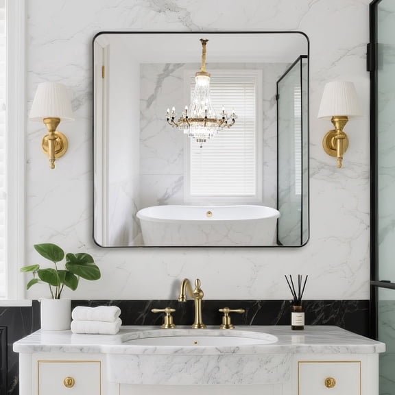 Sumerain 36 inch x 36 inch Black Aluminum Frame Bathroom Mirror, Tempered Glass, Horizontal or Vertical Wall Mount