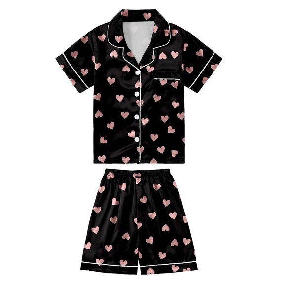 RMGVDSD Girls Pajamas 2 Piece Outfits Children's Casual Heart Printed Button Down Short Sleeve Shirt Tops Shorts Sleepwear Set Comfy Loungewear Outfit 3-4 Years