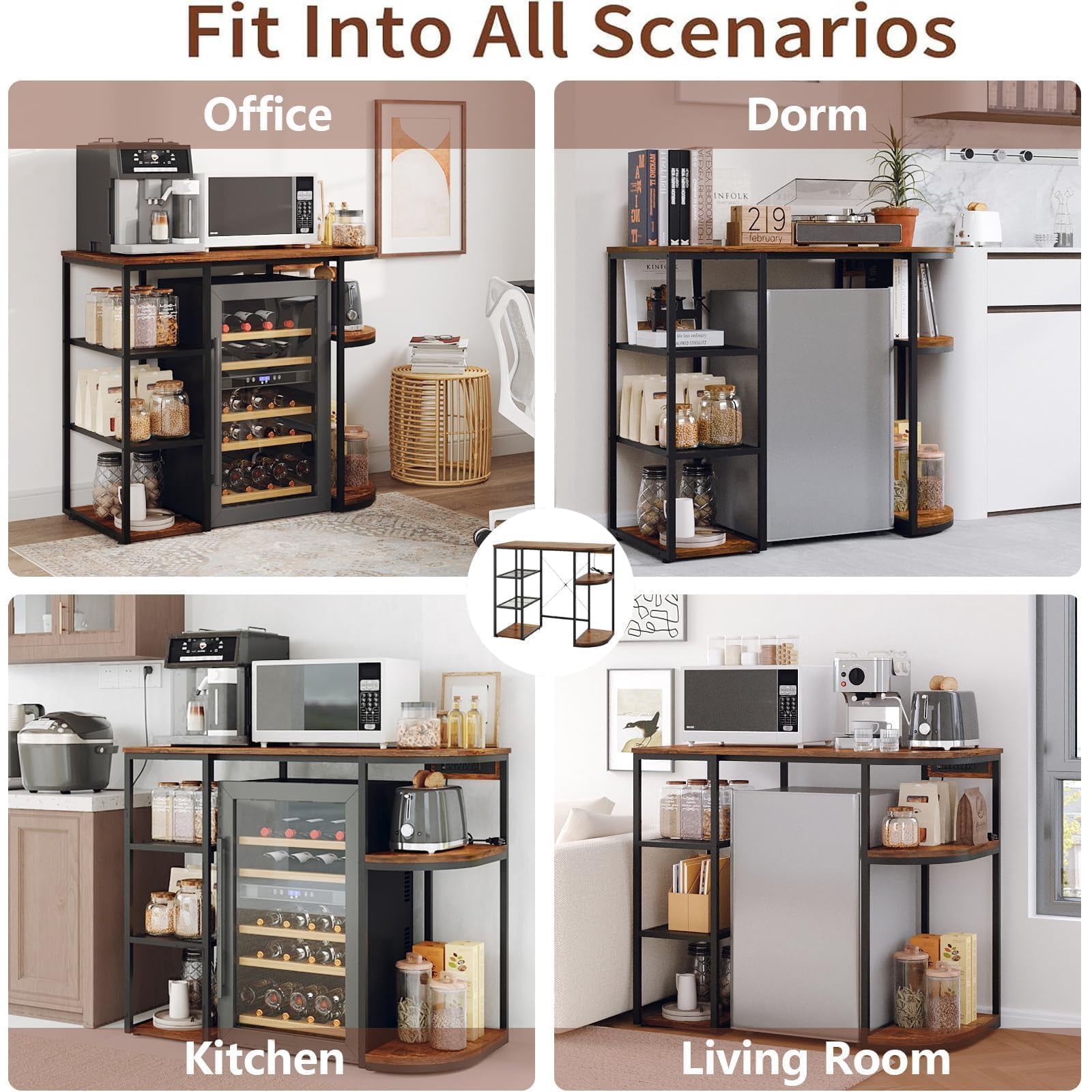 Huisuilinss Mini Fridge Stand With Storage,Kitchen Bakers Rack,6-Tier Coffee Bar Cabinet & Microwave Stand,Mini Fridge Cabinet With 4 Power Outlet And Air Switch For Dorm Office Apartment