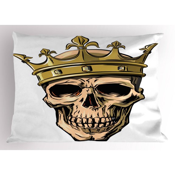 King Pillow Sham Dead Skull Skeleton Head with Royal Holy Crown Tiara Hand Drawn Image, Decorative Standard King Size Printed Pillowcase, 36 X 20 Inches, Golden and Pale Brown, by Ambesonne