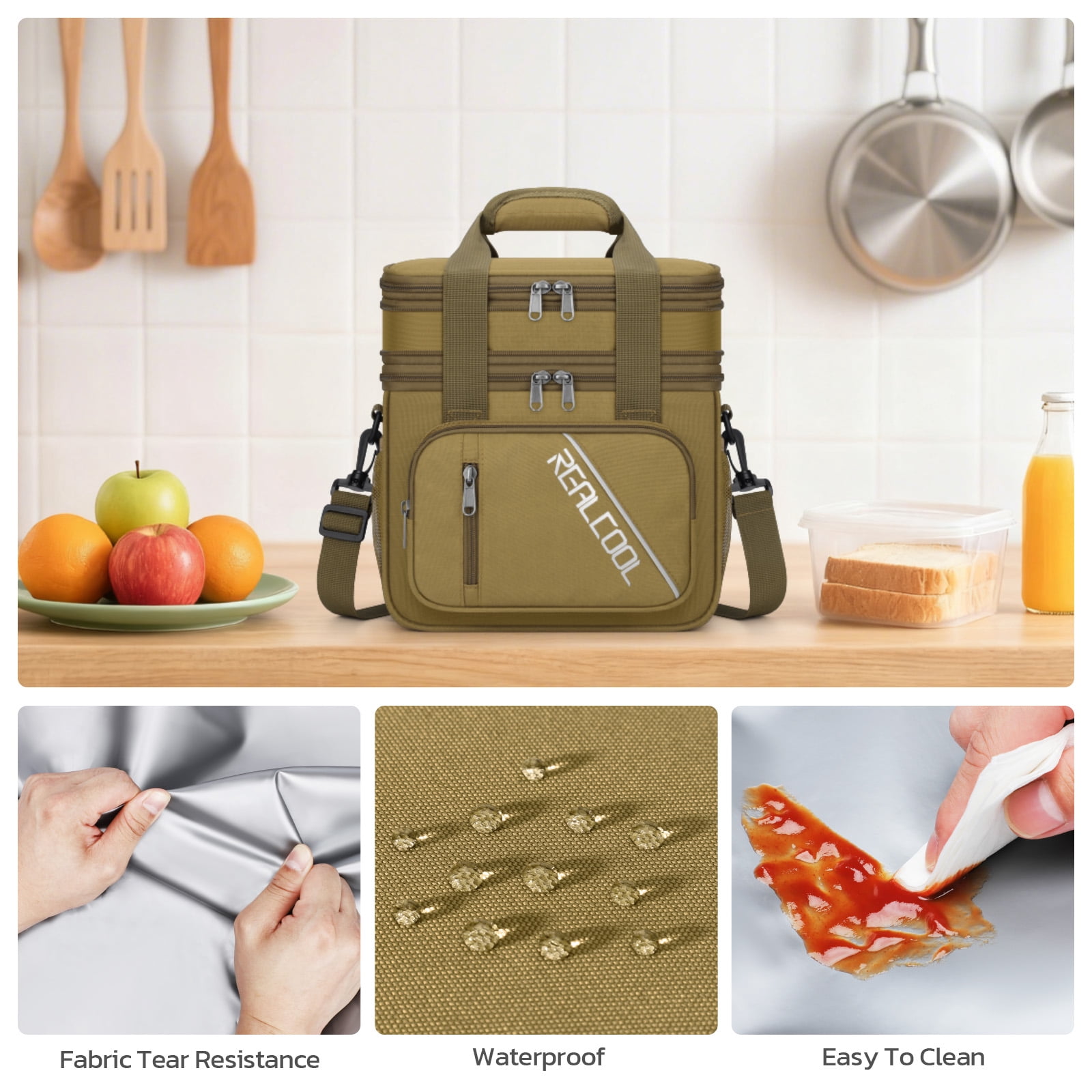 RealCool Lunch Bag, Insulated Lunch Box for Men Women, Double Deck Leakproof Soft Cooler Bag with Adjustable Strap, Lunchbox for Work, Camping Khaki