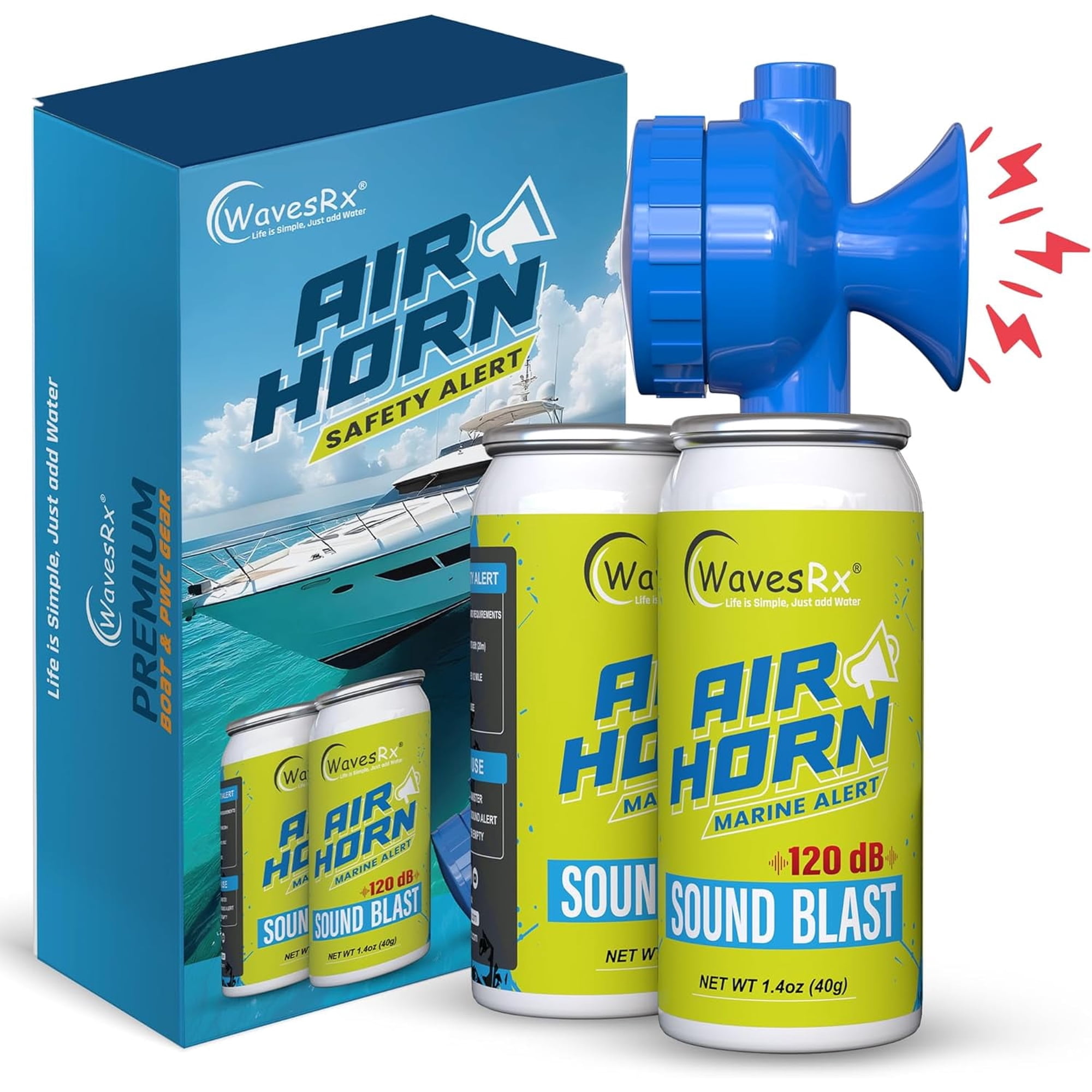 WavesRx Marine Air Horn 2 PACK – Coast Guard Approved Boat Horn for Safety & Fog Alerts | Loud 120 dB Sound Blast Reaches ½ Mile | Compact 1.4 oz Airhorn for Boating, Sailing, Kayaking & Outdoor Use