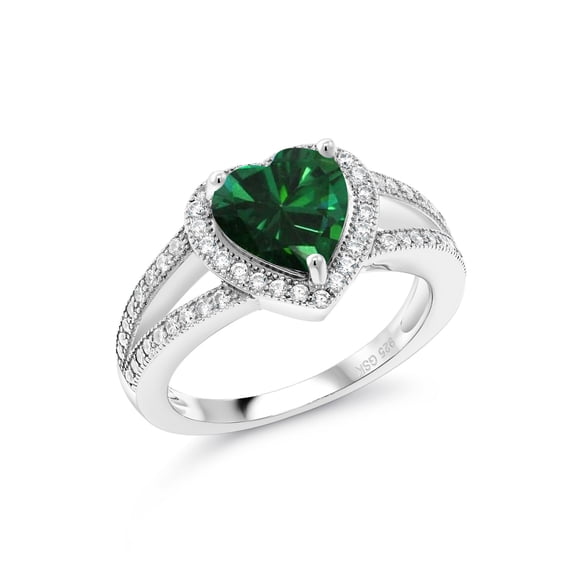 Gem Stone King 1.51 Cttw Green Nano Emerald and White Moissanite Ring for Women | 925 Sterling Silver | Gemstone May Birthstone | Heart Shape 8MM | Available in Size 5,6,7,8,9