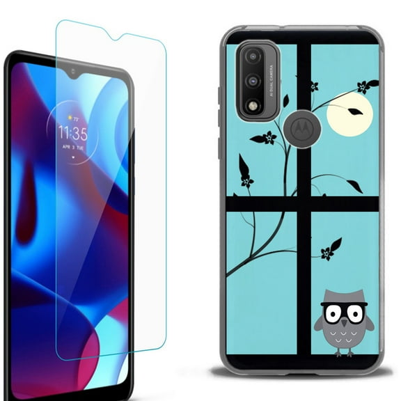 Slim-Fit Protective Phone Case (Black) compatible with Motorola Moto G Pure 5G, with Tempered Glass Screen Protector, by OneToughShield ® - Moon Owl