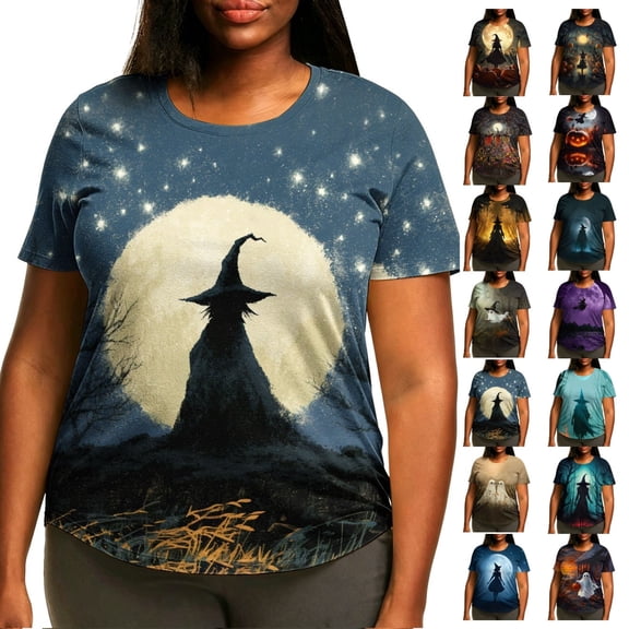 Qzwdhjm Halloween Shirt for Women Spooky Season Plus Size Tops Short Sleeve Witch Graphic Tees Crewneck Loose Casual Fall Party Tshirts