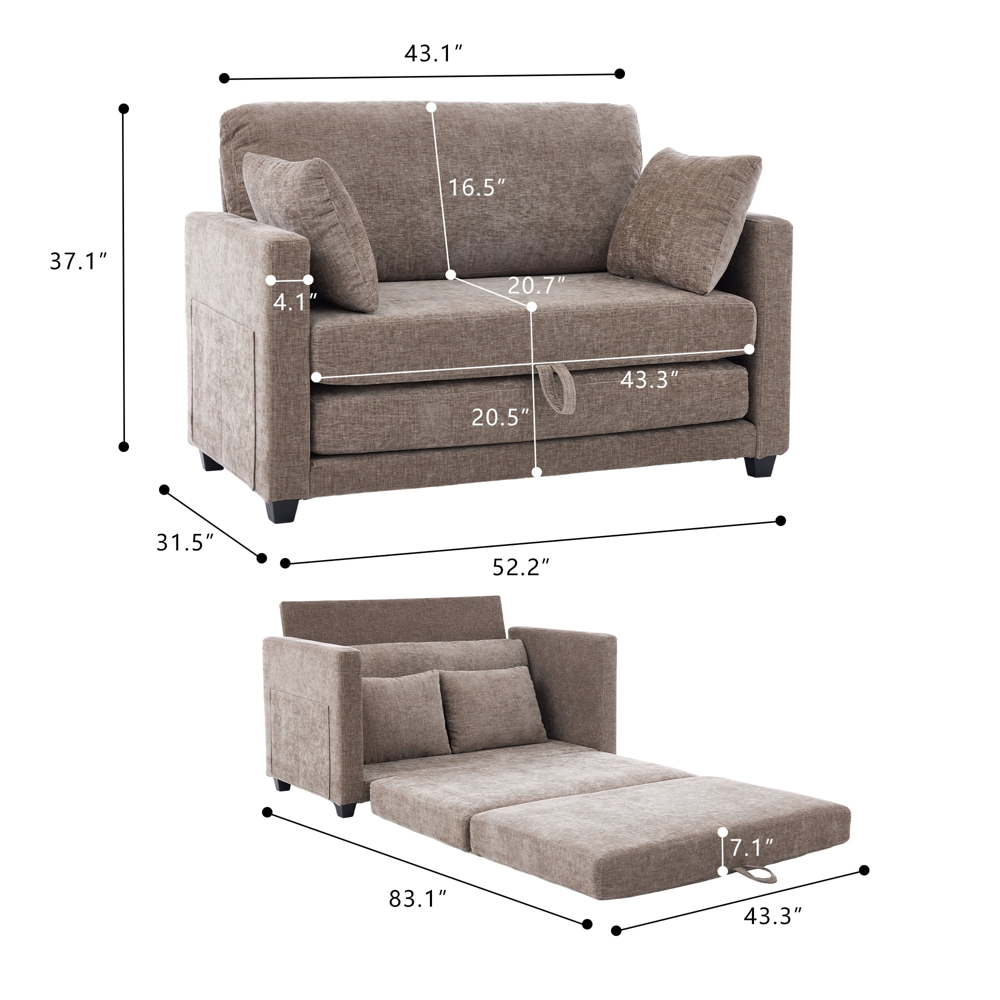 GAOHAPY 52" Loveseat Sleeper Sofa Bed,2 in 1 Convertible Floor Sofa Bed for Small Spaces,Pull Out Couch with Deep Seat,2 Pillows and Solid Frame Floor Couch for Living Room,Apartment