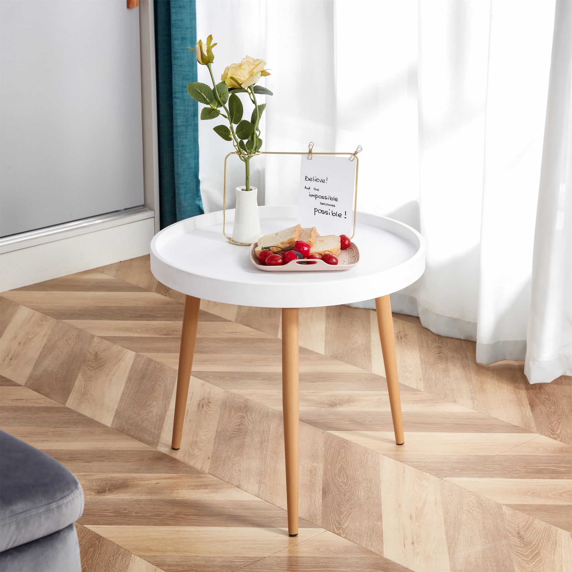 Portable Coffee Table Side Table with Solid Wood Legs and White MDF Top