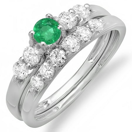 14K White Gold Round Emerald And White Diamond Ladies Bridal 5 Stone Engagement Ring Wedding Set