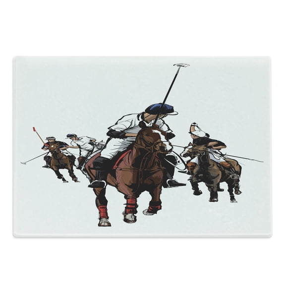Animal Cutting Board, Digitally Generated Polo Sport Players on Redbrown Colored Horses Print, Decorative Tempered Glass Cutting and Serving Board, in 3 Sizes, by Ambesonne