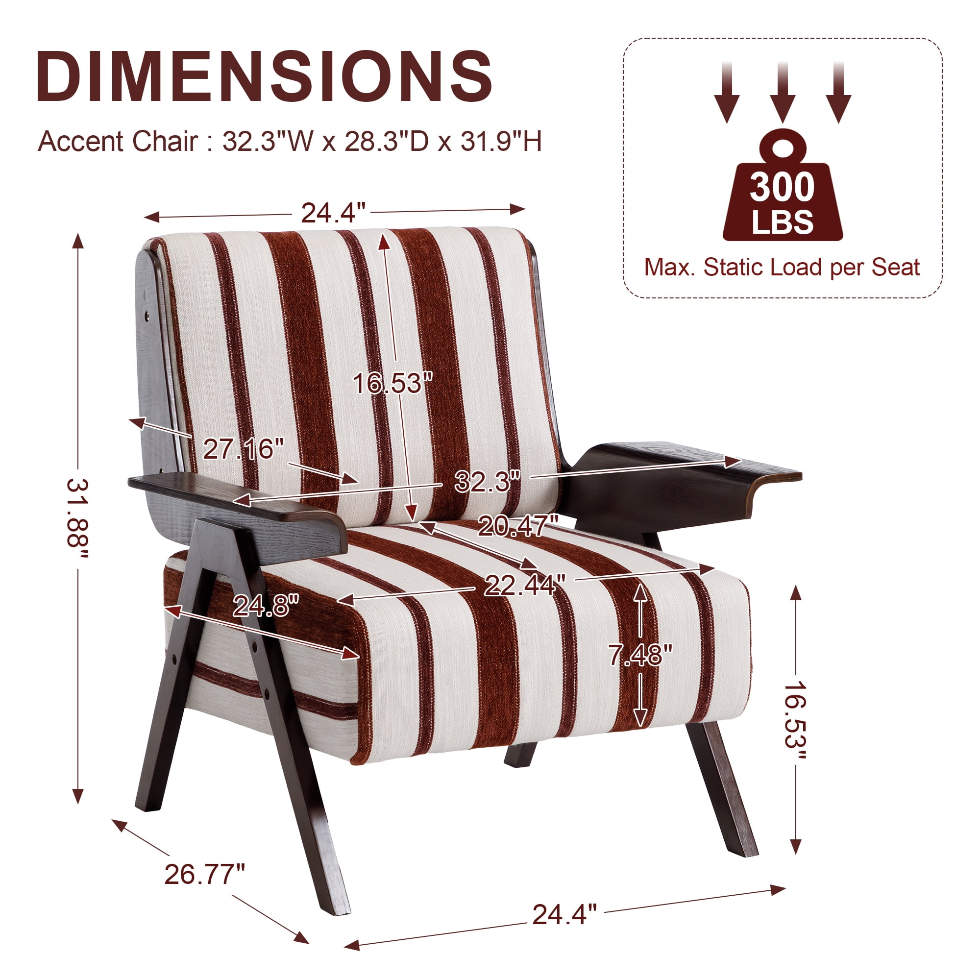 Leumius Modern Armchair with Widened Armrests Single Sofa Chair with Solid Wood Legs Comfortable Casual Reading Chair for Living Room, Bedroom, Office Red and White Stripes