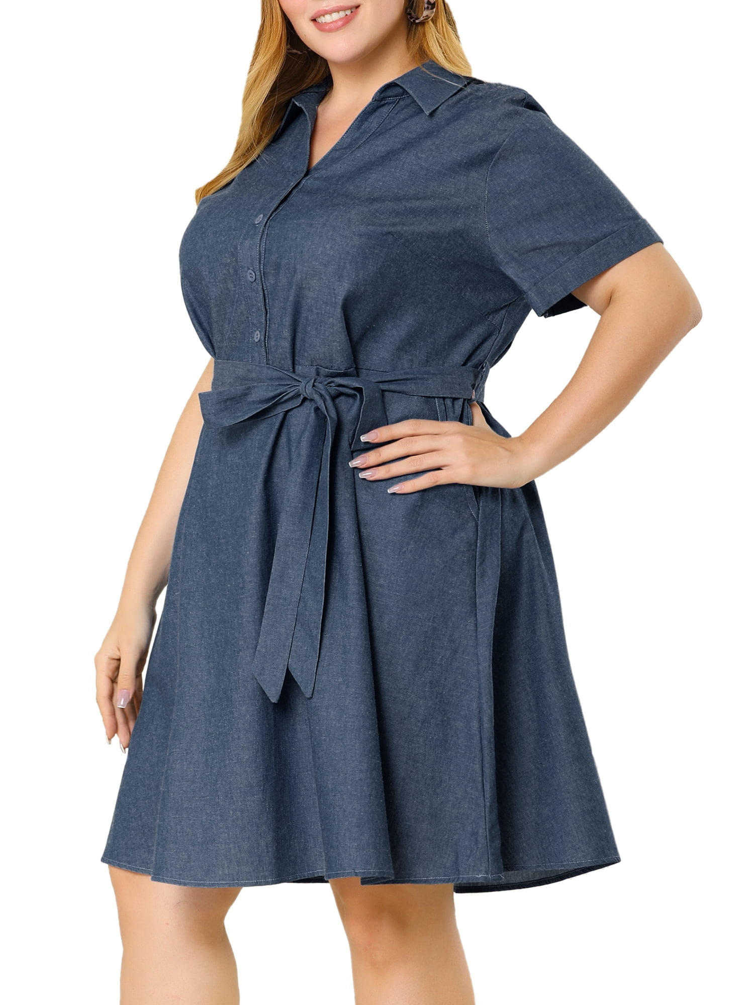 Unique Bargains Women's Plus Wrap Belted Turndown Collar Chambray Dress 3X Dark Blue