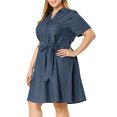 thumbnail image 4 of Unique Bargains Juniors' Plus Size Wrap Belted High Waist Chambray Dress 2X Dark Blue, 4 of 7