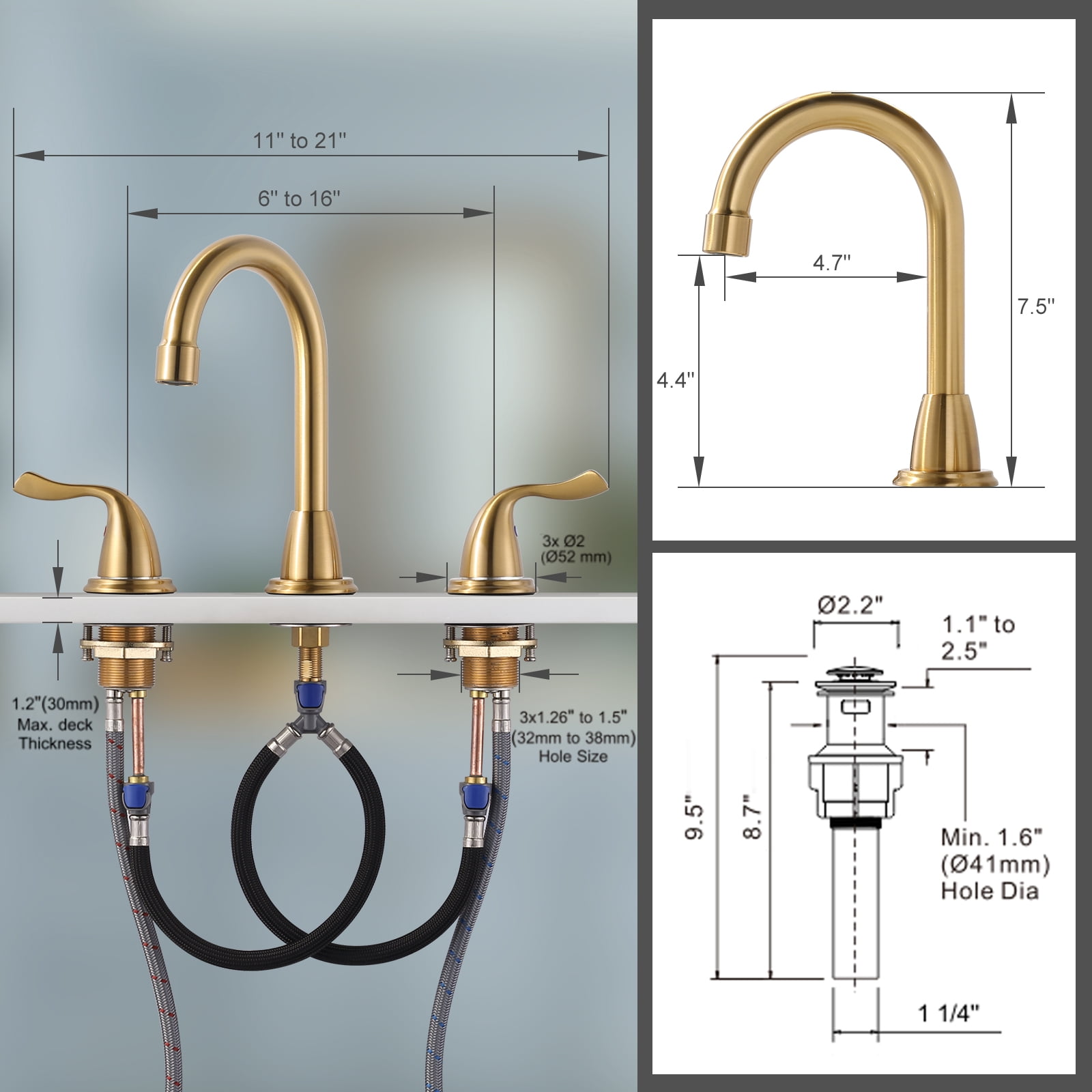 Gold Bathroom Faucet, WOWOW 8 Inch Widespread Bathroom Faucet 3 Hole, 2 Handles Bathroom Sink Bathroom with Drain Assembly, Brushed Gold Faucet for Bathroom Sink