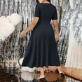 thumbnail image 4 of Ayolanni V-Neck Women Summer Dresses Solid Casual Short Sleeve Maxi A-Line Dress Fitted Waist Dressy Vacation Lace Patchwork Wedding Guest Sundress Black M, 4 of 9