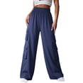 thumbnail image 2 of ClodeEU Women's High Waist Wide Leg Cargo Pants, Elastic Waist Casual Streetwear Trousers with Pockets Navy,Women's Plus XXL, 2 of 7