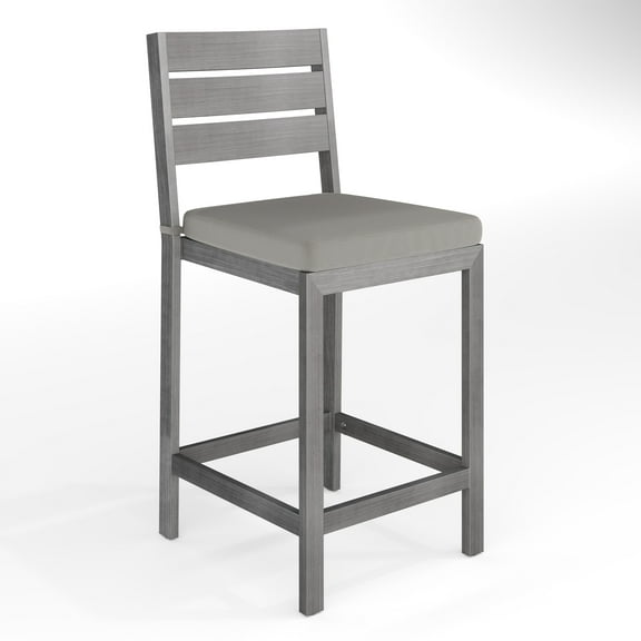 Martha Stewart Set of 2 Indoor-Outdoor Patio Bar Stools with Gray Brushed Woodgrain Aluminum Finish and Gray All-Weather Seat Cushions