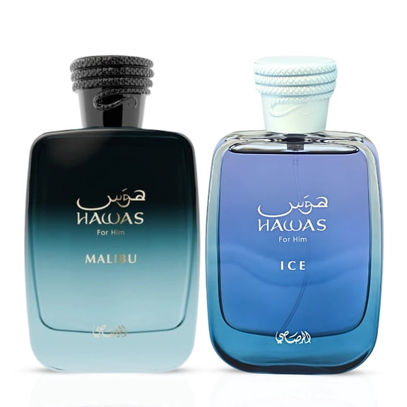 Hawas Malibu & Hawas Ice for Men Eau de Parfum Sprays 100ml (3.4 oz) by Rasasi (Bundle)
