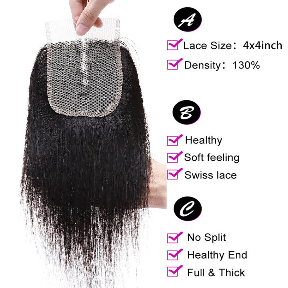 SEGO Straight Human Hair Bundles with Closure 100% Unprocessed Virgin Human Hair with 4x4 Middle T Part Lace Closure Natural Black Cleanrance