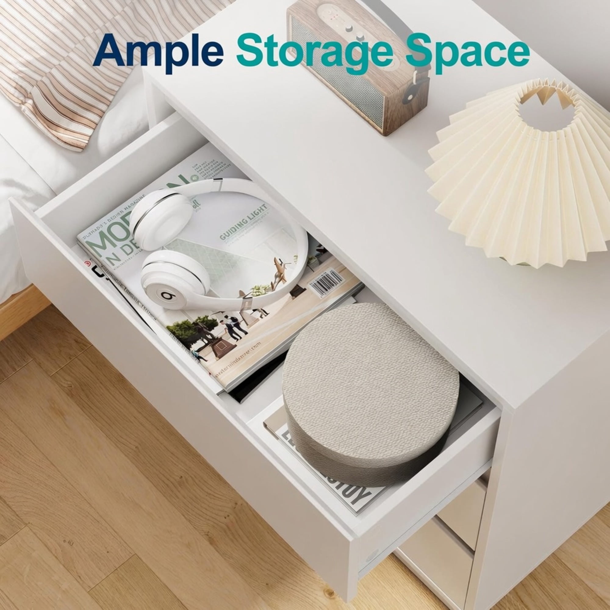 3-Drawer Nightstand, Handle-Free Modern Bedroom Side Table with Soft Close Drawers, P2 MDF Water Resistant Bedside Storage Cabinet