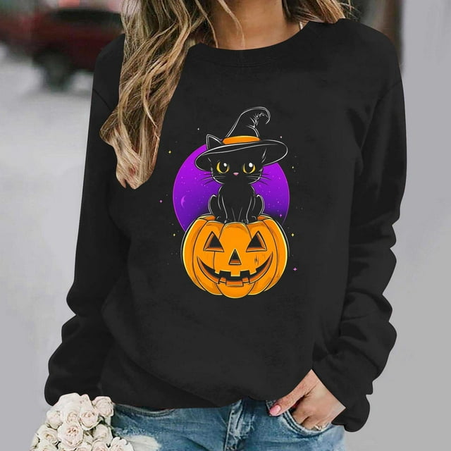 Heisall Womens Sweatshirts Long Sleeve Round Neck Loose Casual Halloween Print No Hood Autumn Winter 2025 New Arrival Fashion Sweatshirts