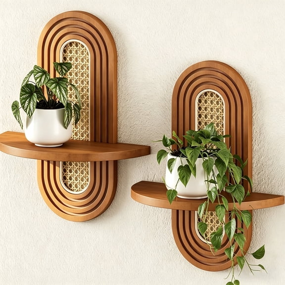 Liwantech Rattan Floating Shelves for Wall, Mid Century Boho Home Decor, Natural Wood Decorative Shelf for Living Room Bedroom (Walnut, 2 Pack)