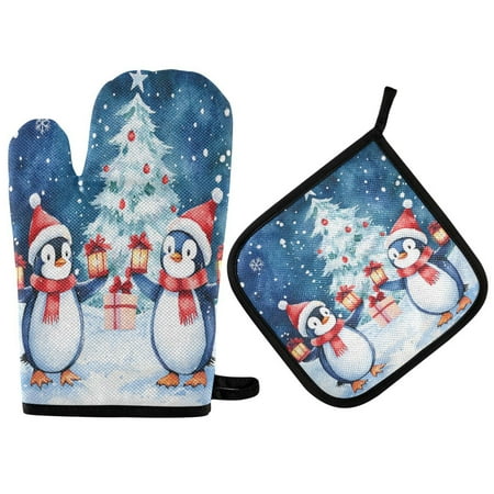 

Heat Resistant Oven Glove & Hot Pad Set Reusable and Washable Kitchen Combo for Baking BBQ Oven Microwave Two Cute Penguins