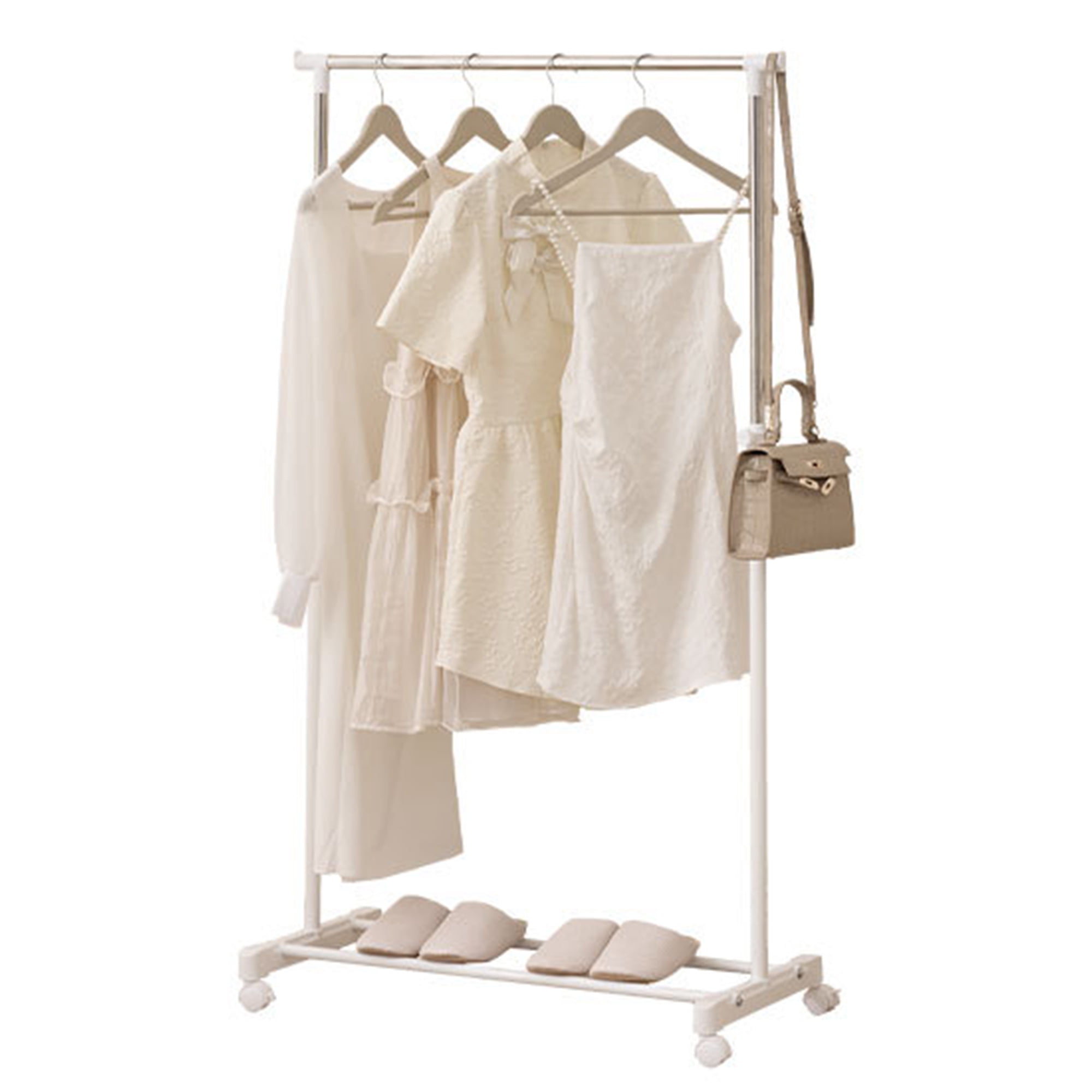 Clothing Rack with Wheels, Adjustable Height Rolling Garment Rack, Rolling Clothes Organizer Metal Chrome, White