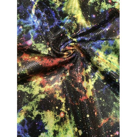 Colorful Space Galaxy on Nylon Spandex 4 Way Stretch w/ 1 mm Shiny Trans Fabric (Green)