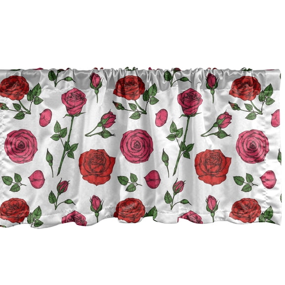 Ambesonne Flowers Valance Pack of 2, Romantic Roses Composition, 54"X18", Green and Dark Pink