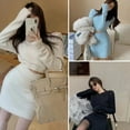 thumbnail image 6 of Pink Season 2 Pcs/Set Sweater Skirt Set Solid Color Furry Round Neck Long Sleeves Waist-exposed Keep Warm Slim Fit High Waist Knitted Club Sweater Skirt Set Women Clothing, 6 of 8