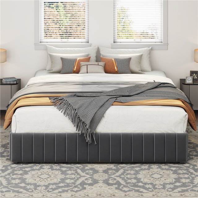 Yaheetech Lit Plateforme Grand Rembourré avec 3 Tiroirs de Rangement, Sans Tête de Lit, Gris Foncé
