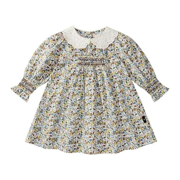 Odeerbi 2-10 Years Toddler Girls Cute Floral Princess Dresses Peter Pan Collar Cotton Dress Children's Fashion Pleated Round Neck Long Sleeve Dress Toddler Girls Clothes
