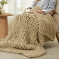 thumbnail image 2 of Chunky Knit Throw Blanket for Couch, Soft Chenille Crochet Blanket for Sofa, 50"x60", Beige, 2 of 14