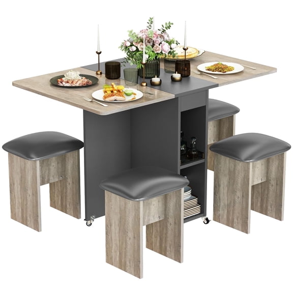 MOOSENG Folding Dining Table Set for 4, Dinner Table with 4 Leather Chairs and Shelves, Space Saving Foldable Dining Table with 6 Wheels, Kitchen Table Set for Small Spaces