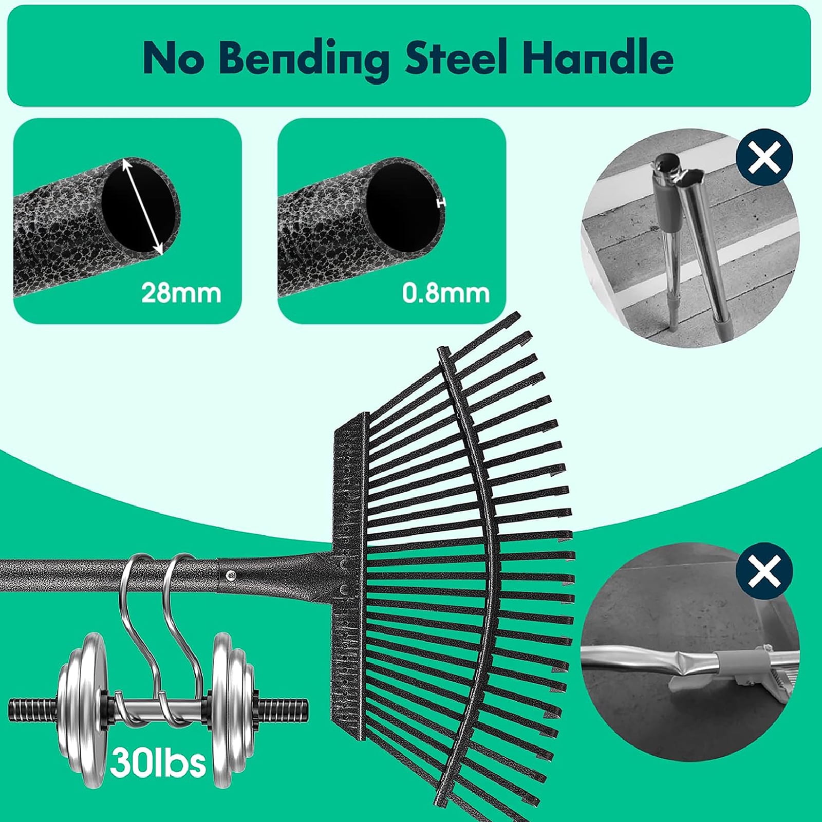 Rake - 69.3 Inch Long Garden Leaf Rake, 19.7 Inch Wide Heavy Duty Leaf Rake for Shrub with 25 Metal Tines, Yard Thatchibng Rake with Ergonomics Adjustable Handle for Picking Leaves
