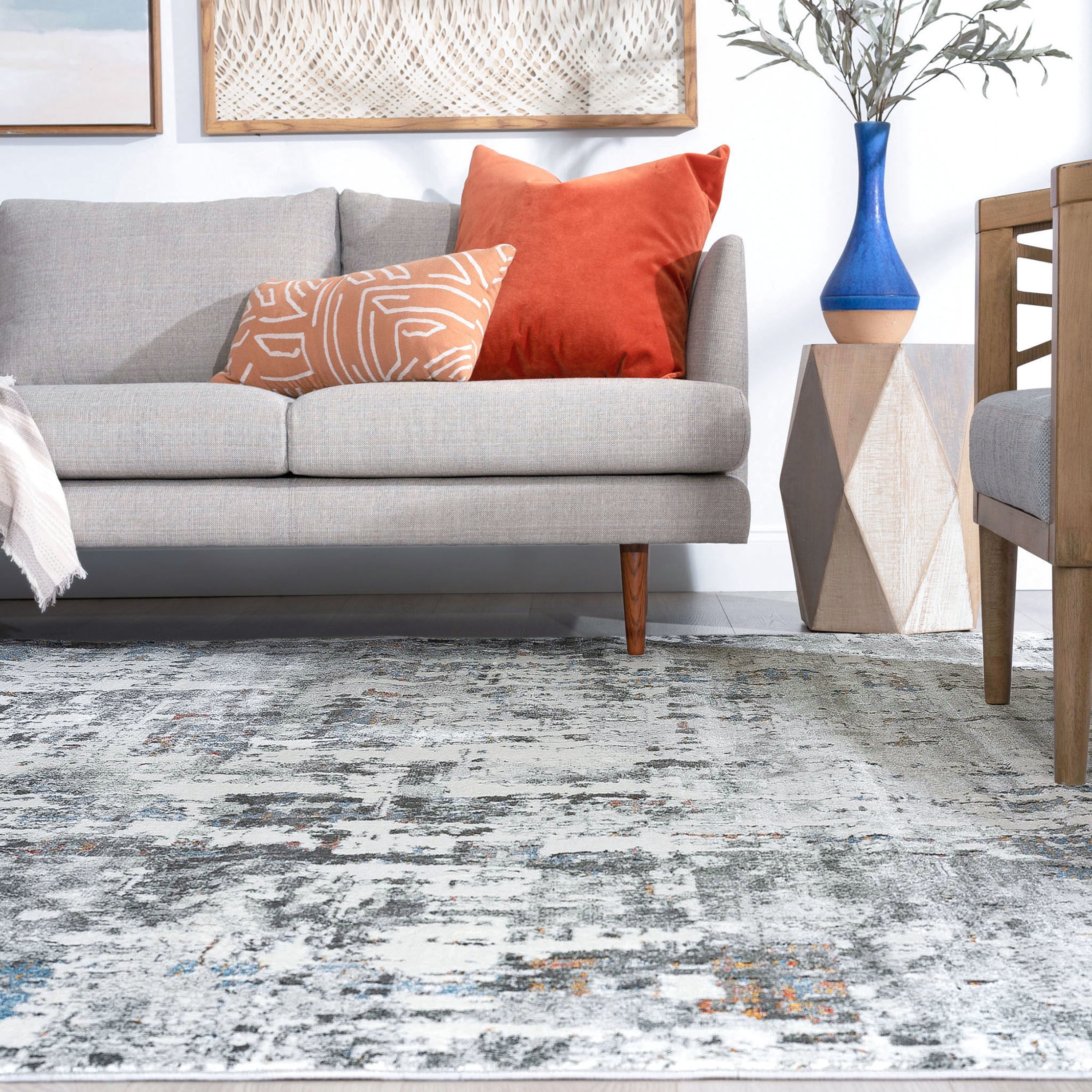 Contemporary 3x10 Area Rug (2'7'' x 9'10'') Abstract Gray, Teal Indoor Runner Easy to Clean