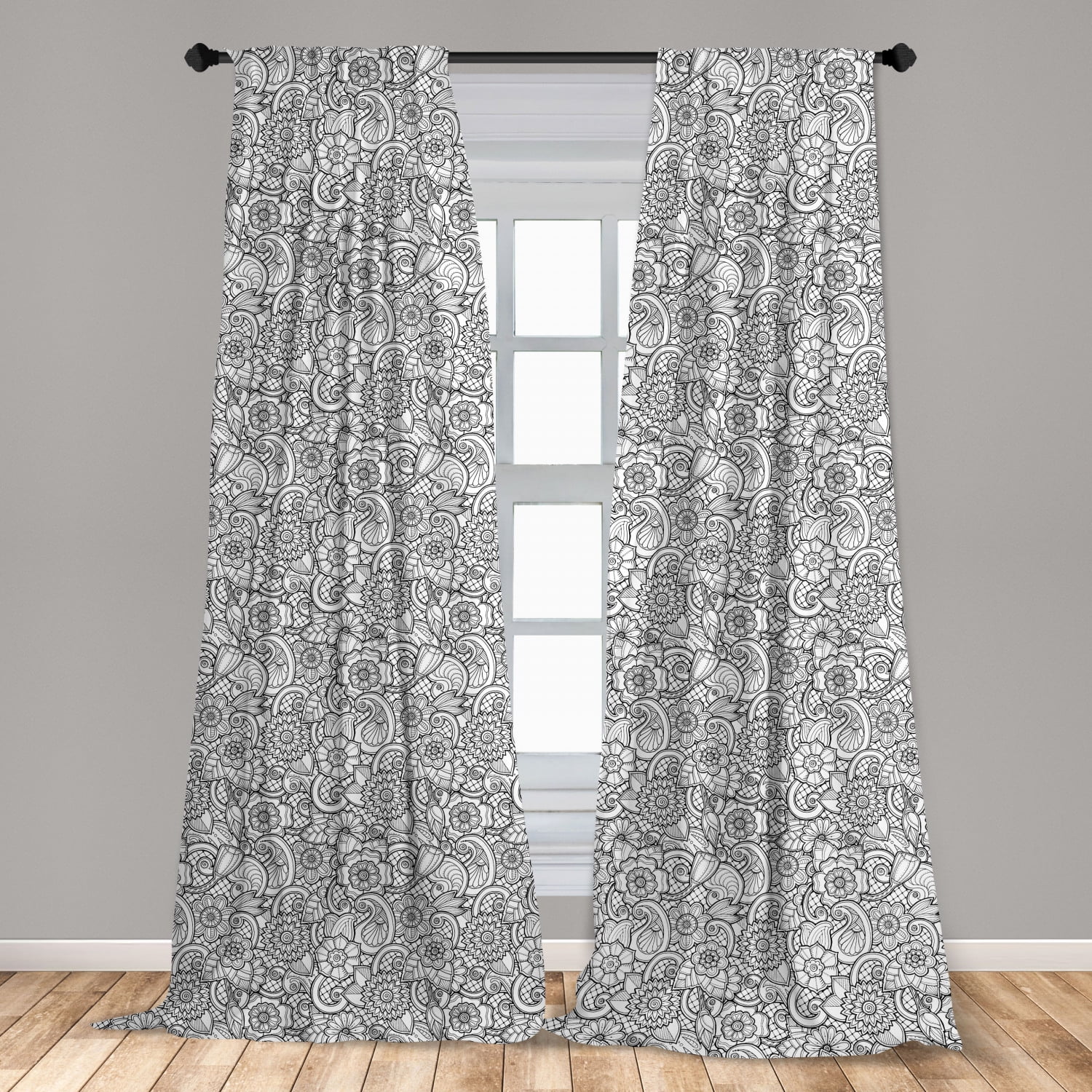 Black and White Curtains 2 Panels Set, Paisley Design with Sketch Style