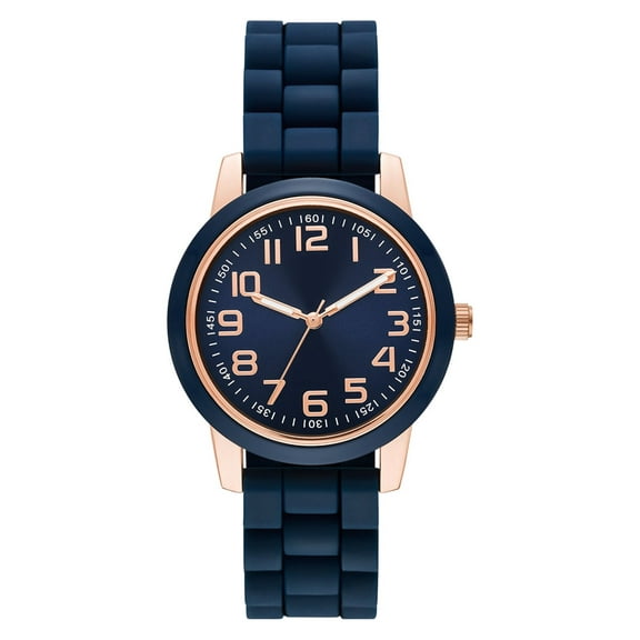 Time & Tru Women's Wristwatch: Rose Gold Case, Blue Bezel, Easy Read Dial, Silicone Strap (FMDOTT073)