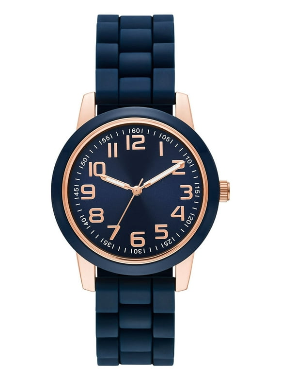 Time & Tru Women's Wristwatch: Rose Gold Case, Blue Bezel, Easy Read Dial, Silicone Strap (FMDOTT073)