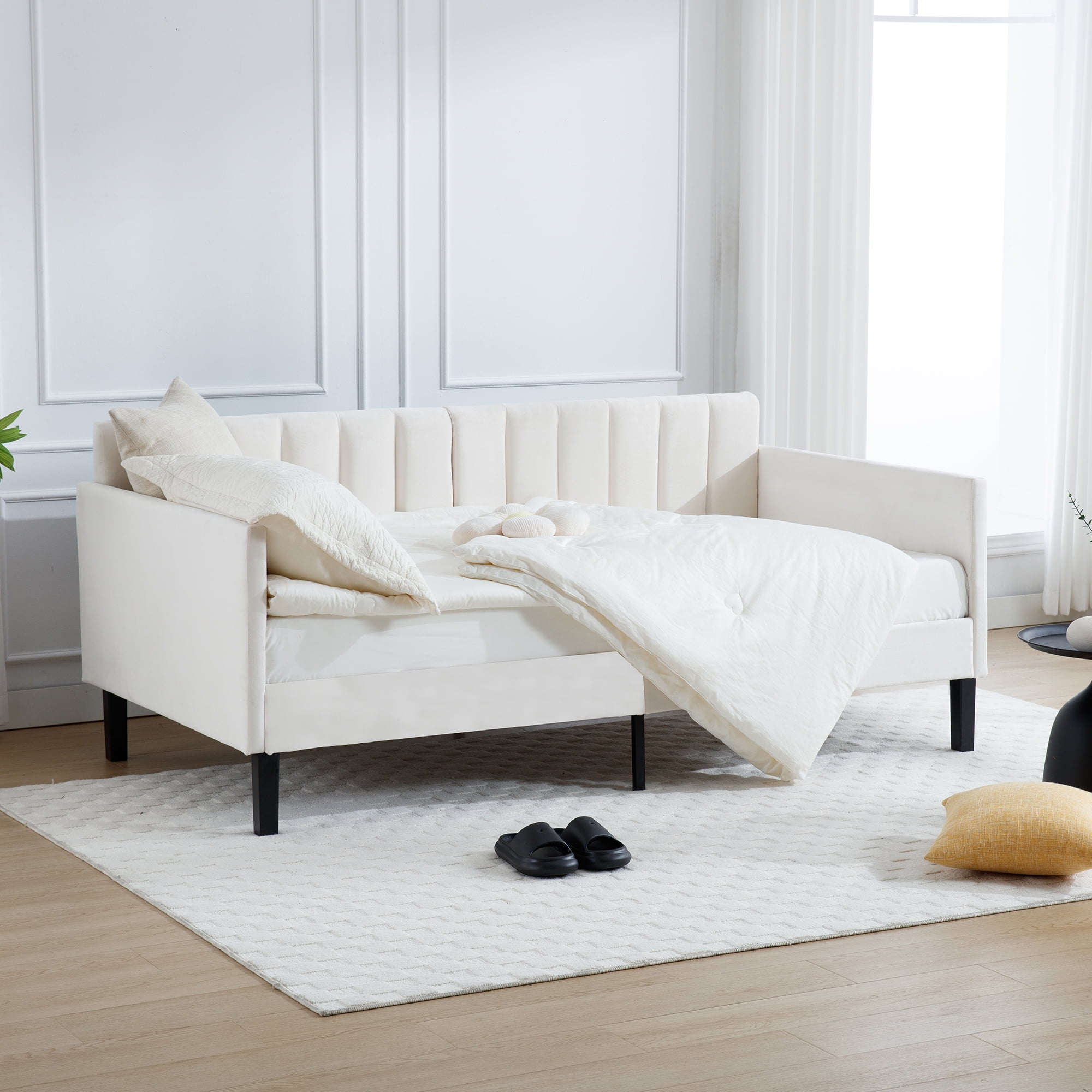 Miniyam Twin Size Beige Upholstered Daybed for Bedroom Living Room,Twin Daybed Frame with Wood Slat Support,No Spring Box Need