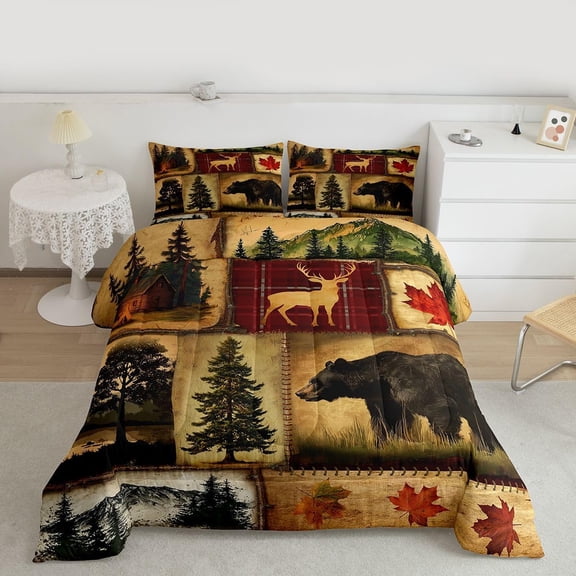 Rustic Farmhouse Bedding Comforter Sets Queen Size, Retro Cabin  Bedding Sets, Hunting Bear Deer Comforter Set, Country Maple Leaves Duvet Insert, Rustic Woodland Pine Tree Quilt, Red Brown