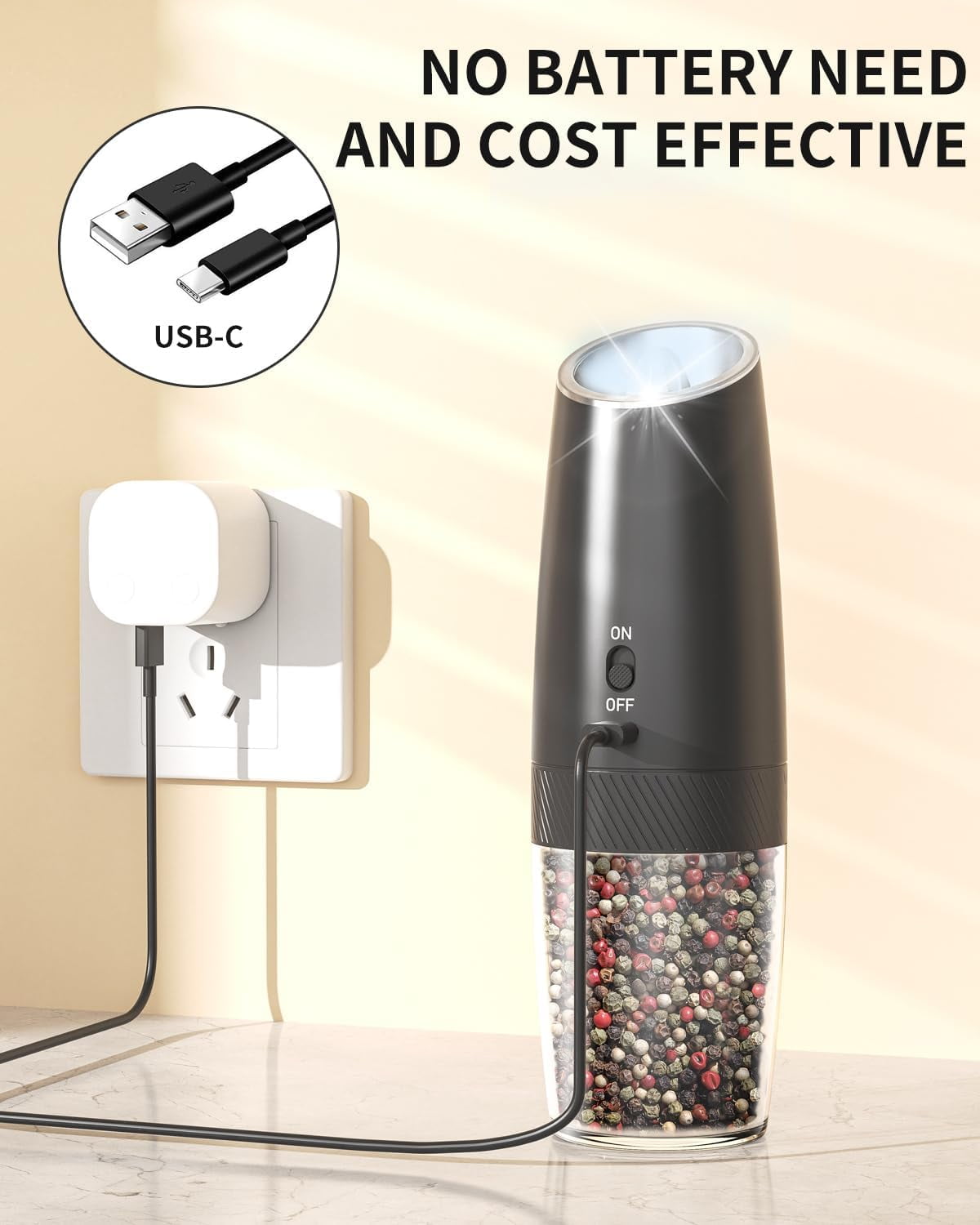 MSAS Gravity Auto-Start Electric Salt & Pepper Grinder Set，Rechargeable, for Kitchen and BBQ, 2 Pack