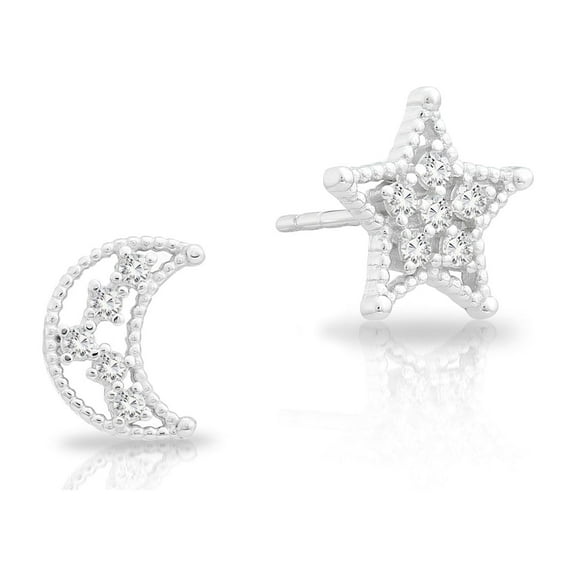 Tilo Jewelry 925 Sterling Silver Star & Moon Stud Earrings with Cubic Zirconia Stones for Women & Unisex