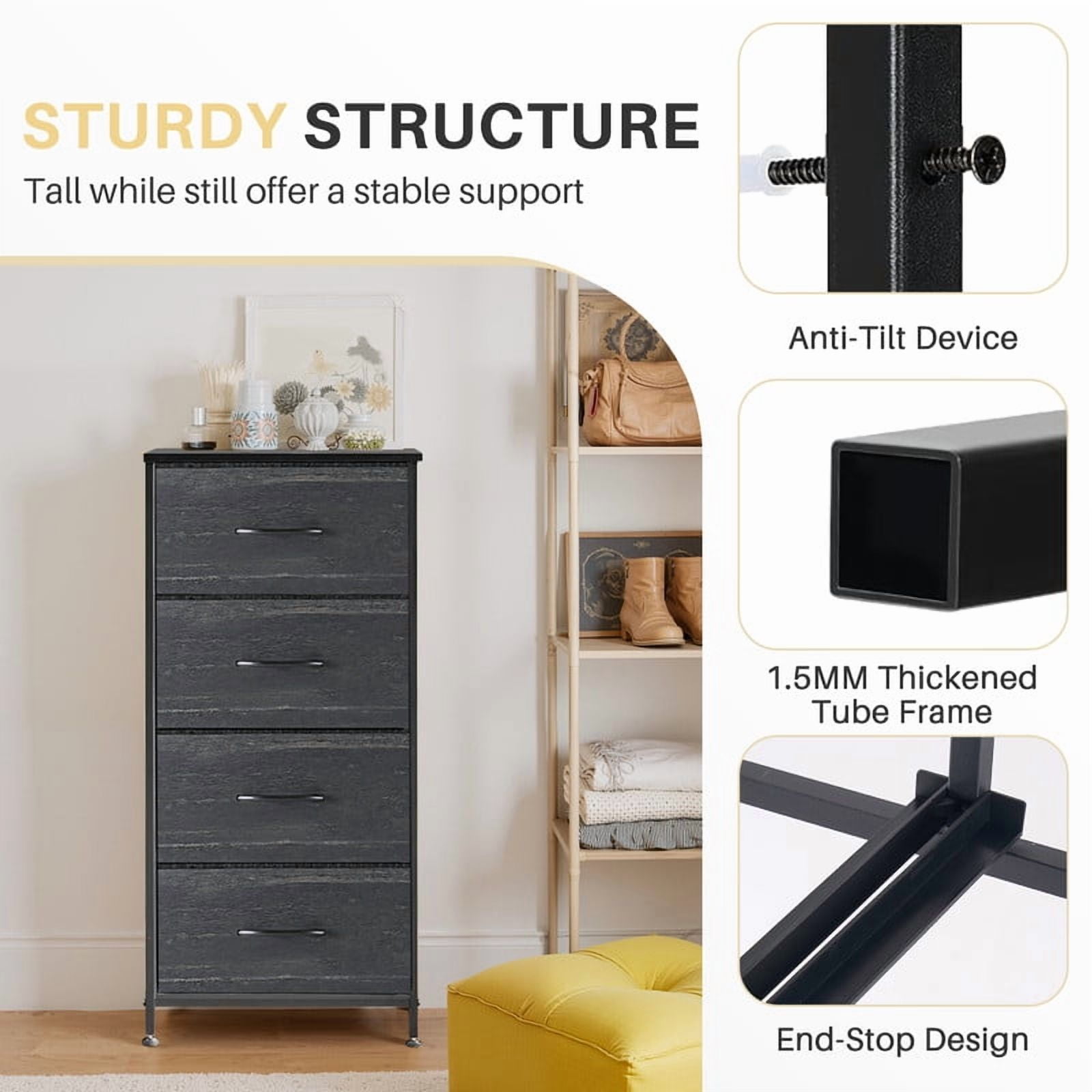 Bigleap 4 Drawer Dresser with Wood Top, Fabric Storage Tower & Tall Chest for Bedroom, Living Room, Hallway Organization,Black Wood
