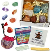 DANCING BEAR Healing Crystals Chakra Balance Kit (17 Pc Starter Set), 7 Tumbled & 7 Rough Stones, Selenite Stick & Palo Santo Smudge for Good Energy, Chart & Guide with Metaphysical Info, Made in USA